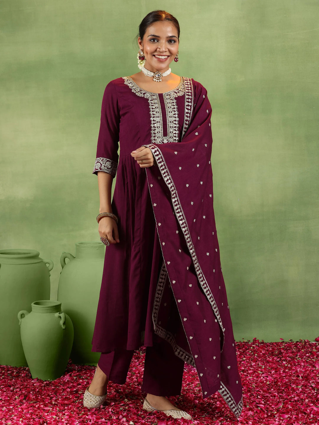  Maroon Yoke Design Silk Blend Anarkali Suit With Dupatta 