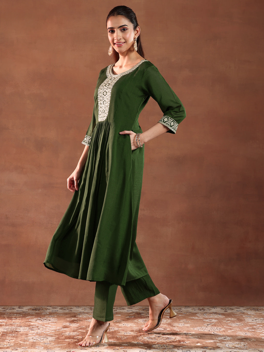  Olive Green Yoke Design Silk Blend Anarkali Suit With Dupatta 