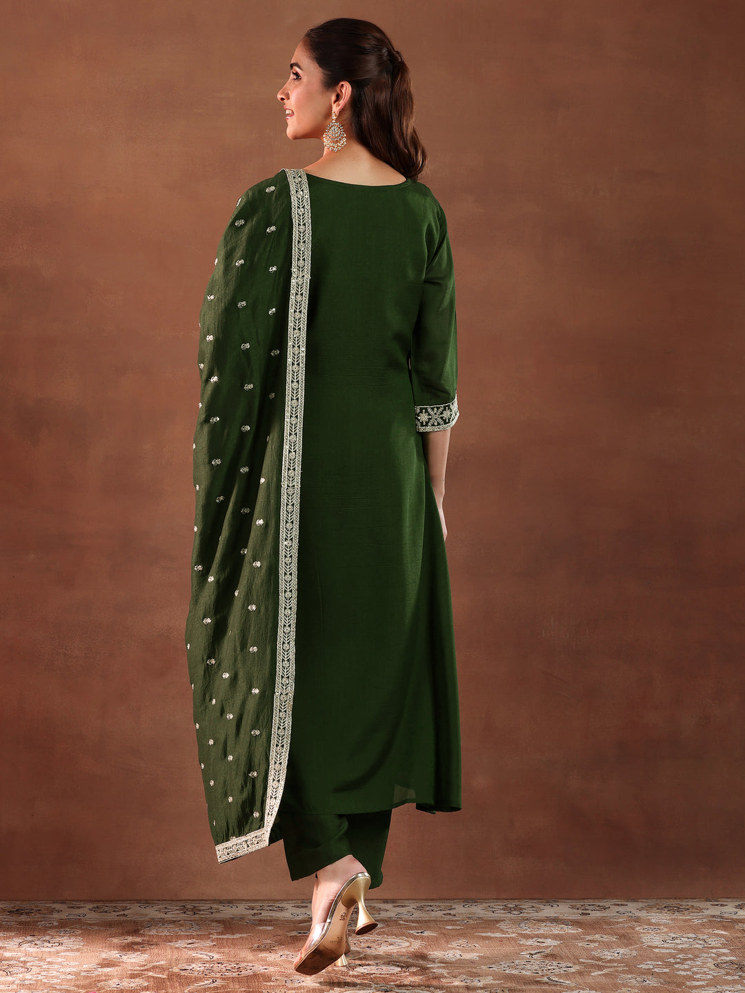  Olive Green Yoke Design Silk Blend Anarkali Suit With Dupatta 