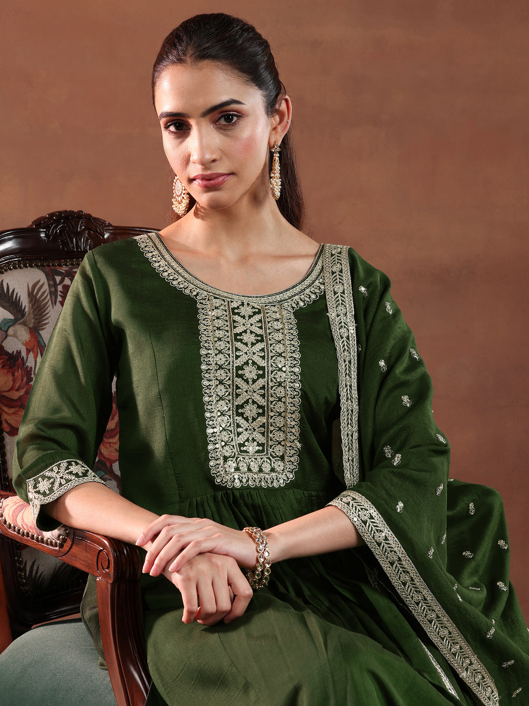  Olive Green Yoke Design Silk Blend Anarkali Suit With Dupatta 