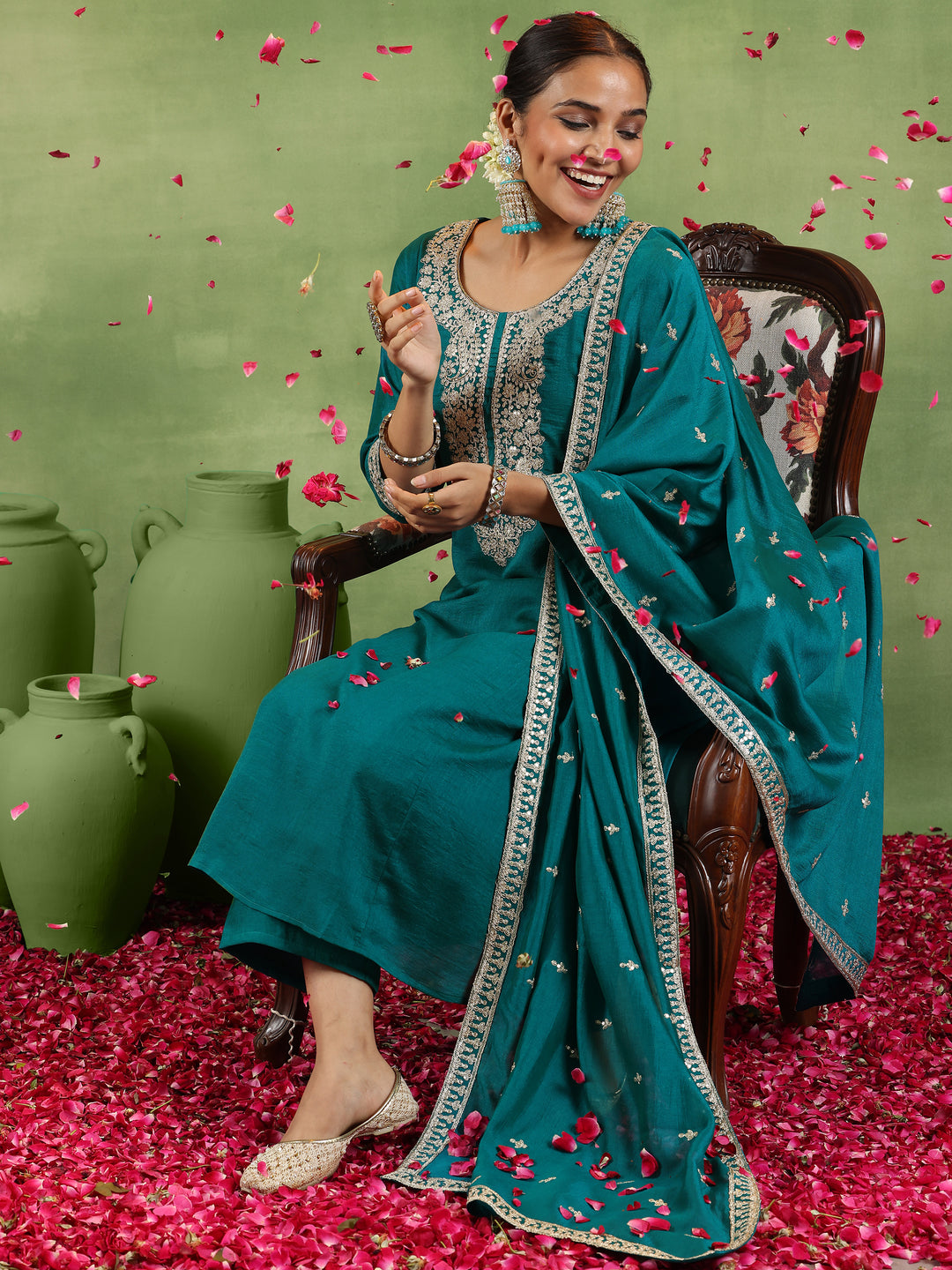 Green Yoke Design Silk Blend Anarkali Suit With Dupatta