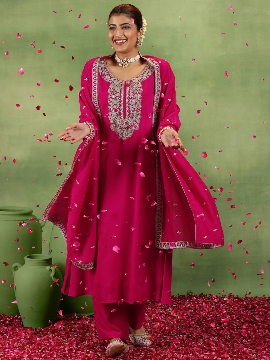  Pink Yoke Design Silk Blend A-Line Kurta With Trousers & Dupatta 