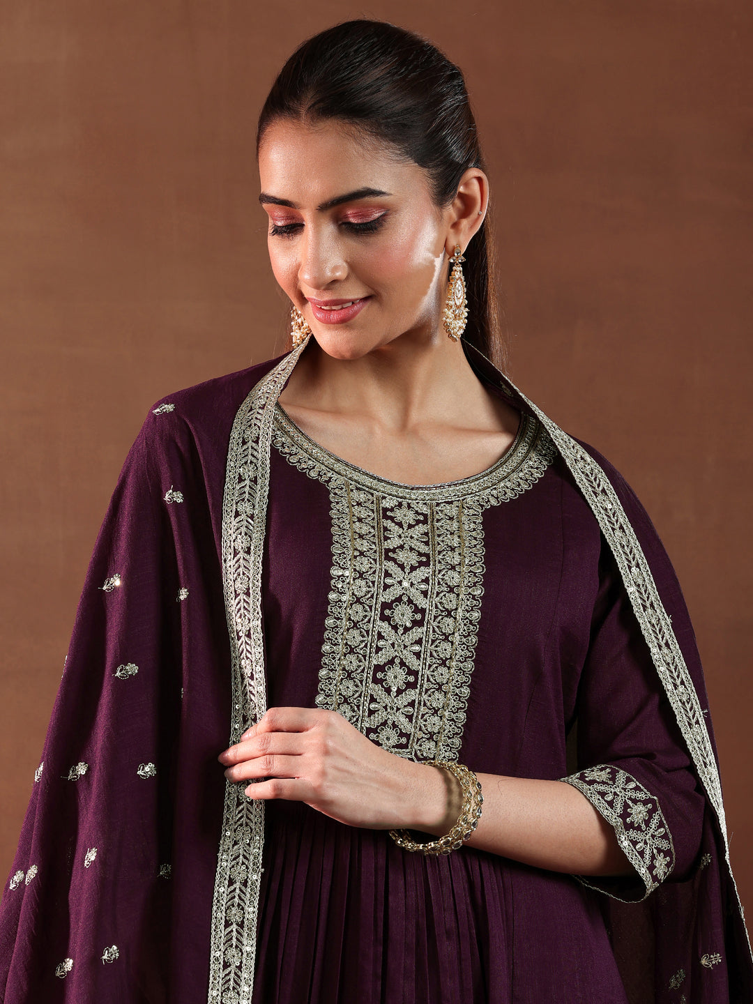  Wine Yoke Design Silk Blend A-Line Kurta With Trousers & Dupatta 