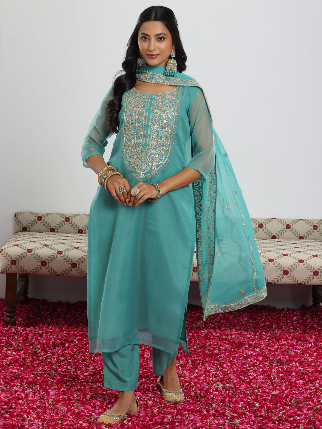  Sea Green Yoke Design Organza Straight Suit With Dupatta 