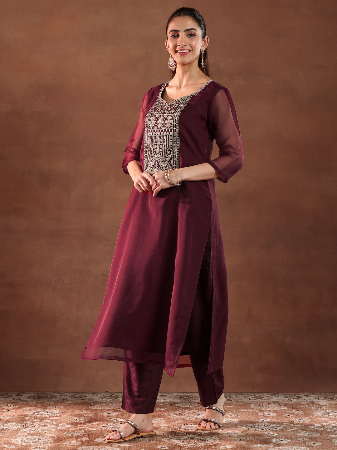  Maroon Yoke Design Organza Straight Suit With Dupatta 