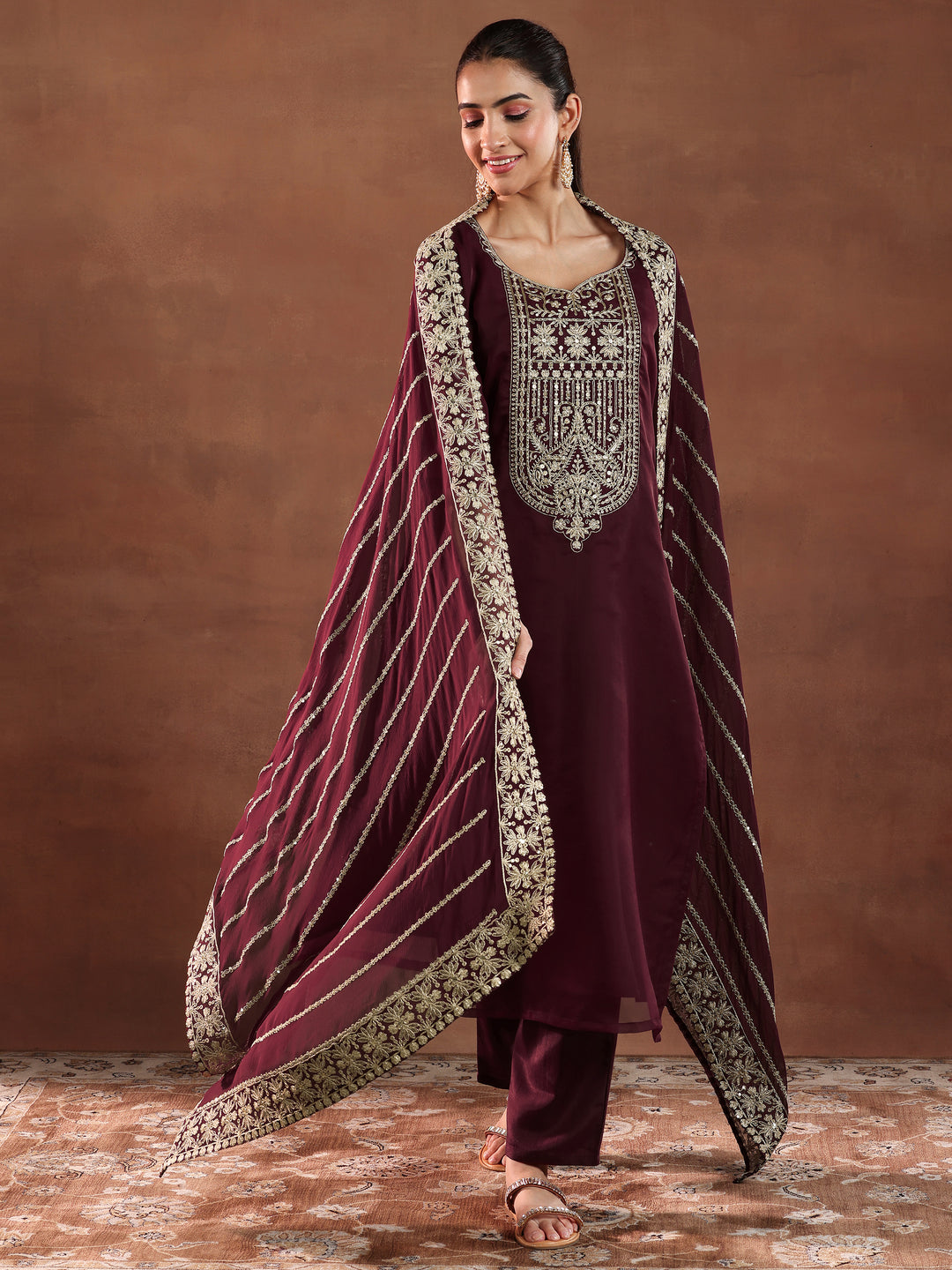  Maroon Yoke Design Organza Straight Suit With Dupatta 