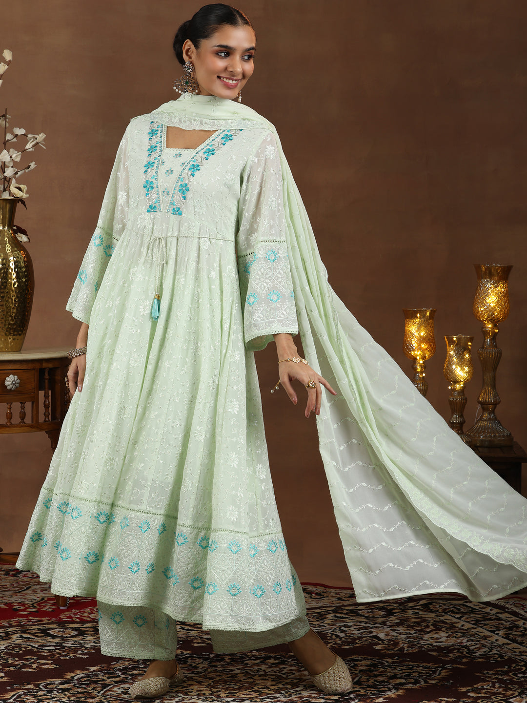  Green Embroidered Georgette Anarkali Suit With Dupatta 