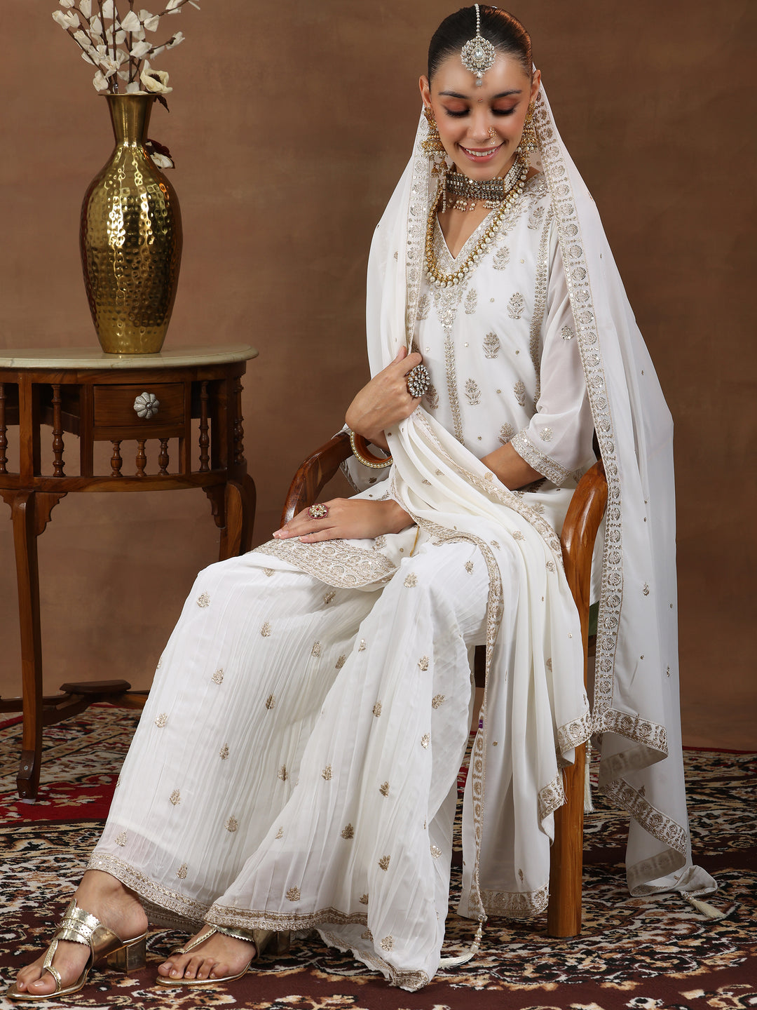  White Embroidered Georgette Straight Suit With Dupatta 