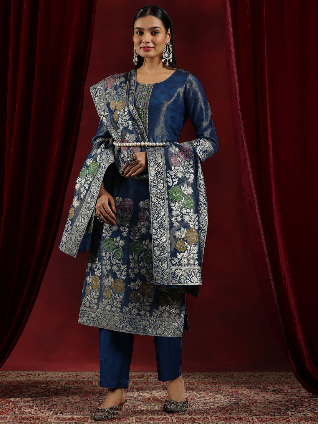  Libas Art Blue Woven Design Silk Blend Straight Suit With Dupatta 