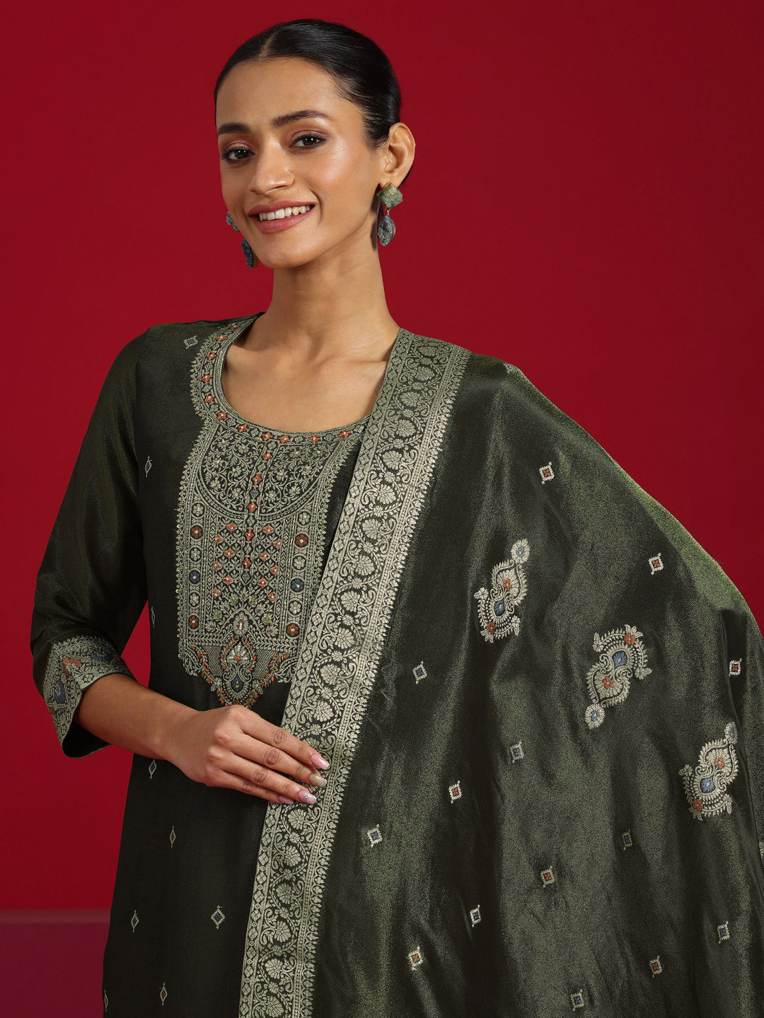  Libas Art Olive Woven Design Silk Blend Straight Suit With Dupatta 