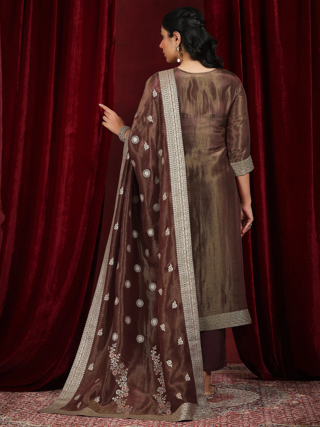  Libas Art Rust Woven Design Silk Blend Straight Suit With Dupatta 