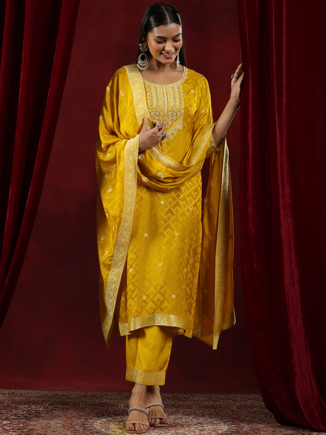  Libas Art Mustard Woven Design Silk Blend Straight Suit With Dupatta 