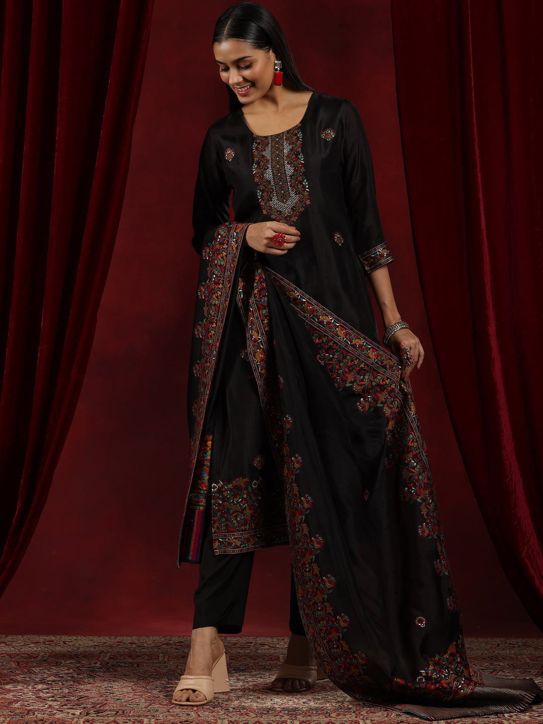  Libas Art Black Woven Design Silk Blend Straight Suit With Dupatta 