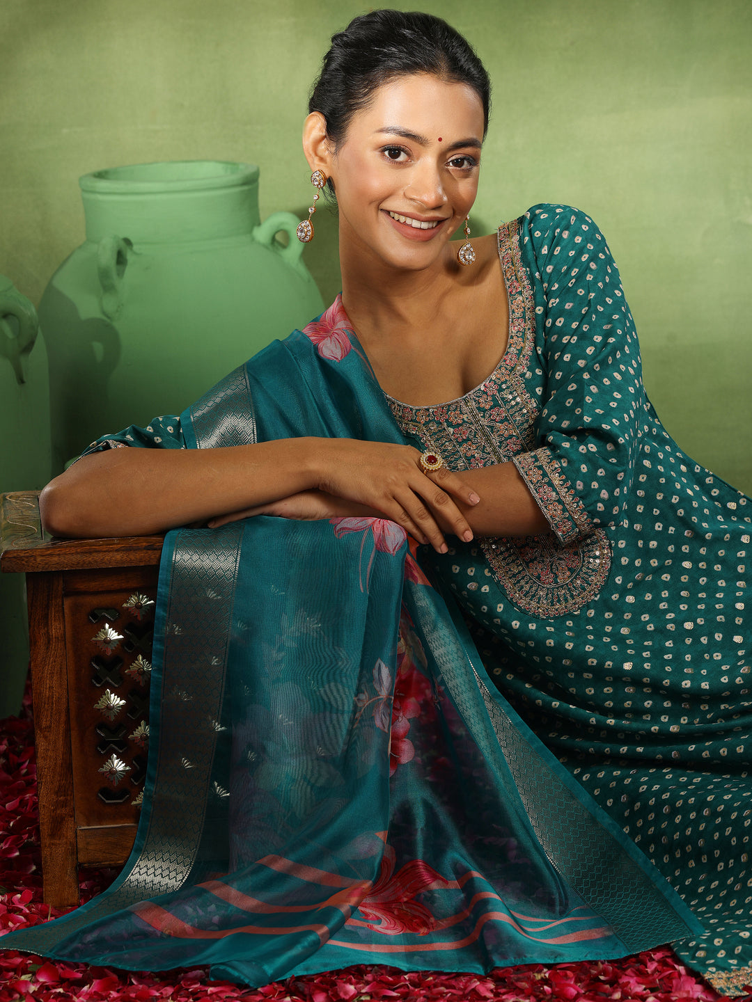  Green Printed Silk Blend Straight Suit With Dupatta 