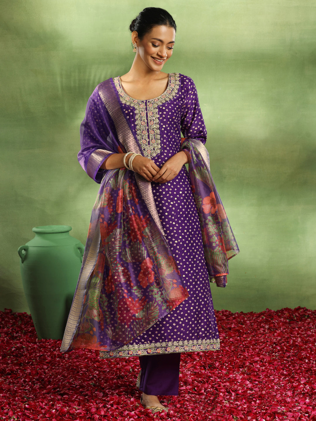 Purple Printed Silk Blend Straight Suit With Dupatta