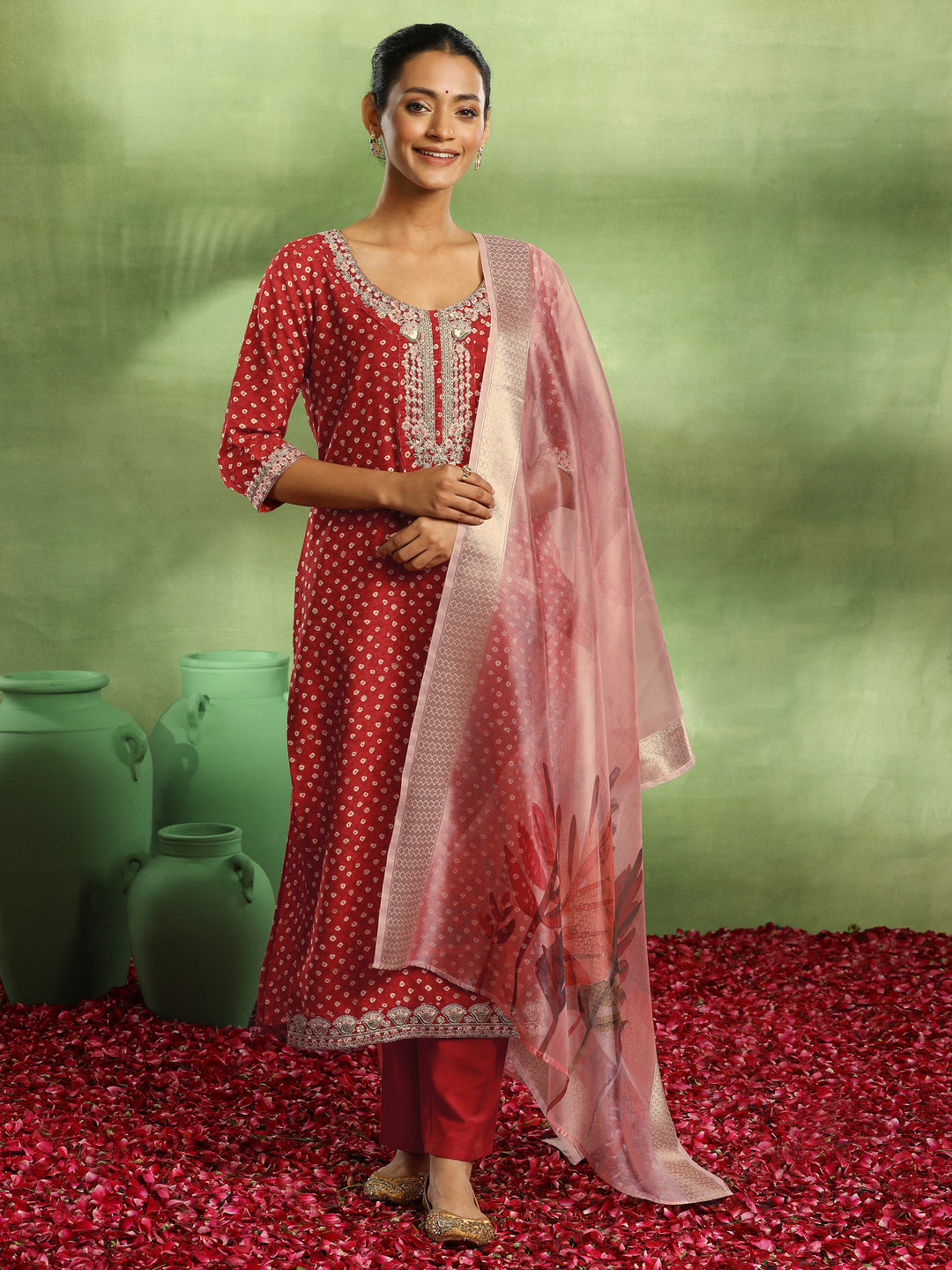 Red Printed Silk Blend Straight Suit With Dupatta