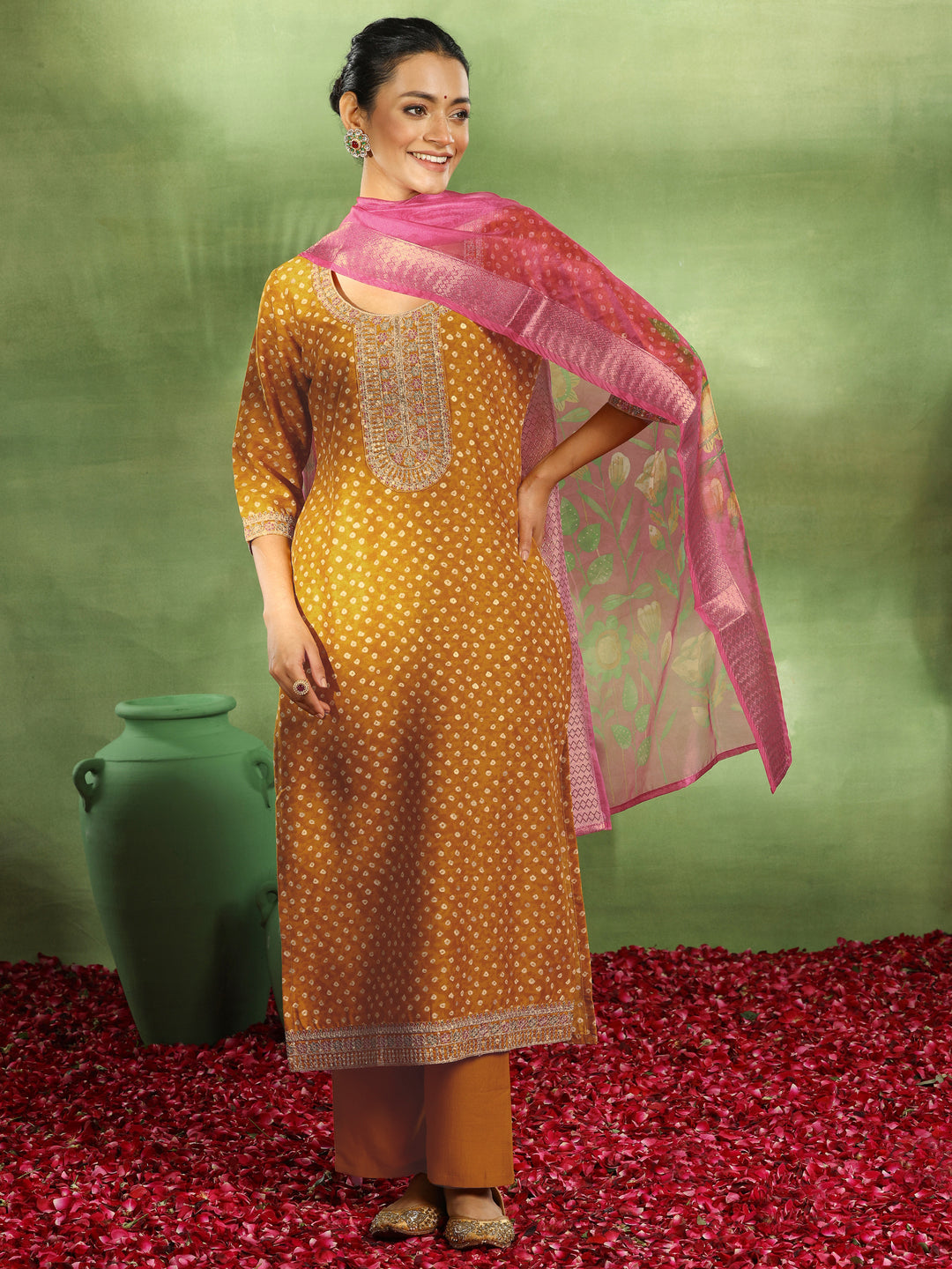 Mustard Printed Silk Blend Straight Suit With Dupatta