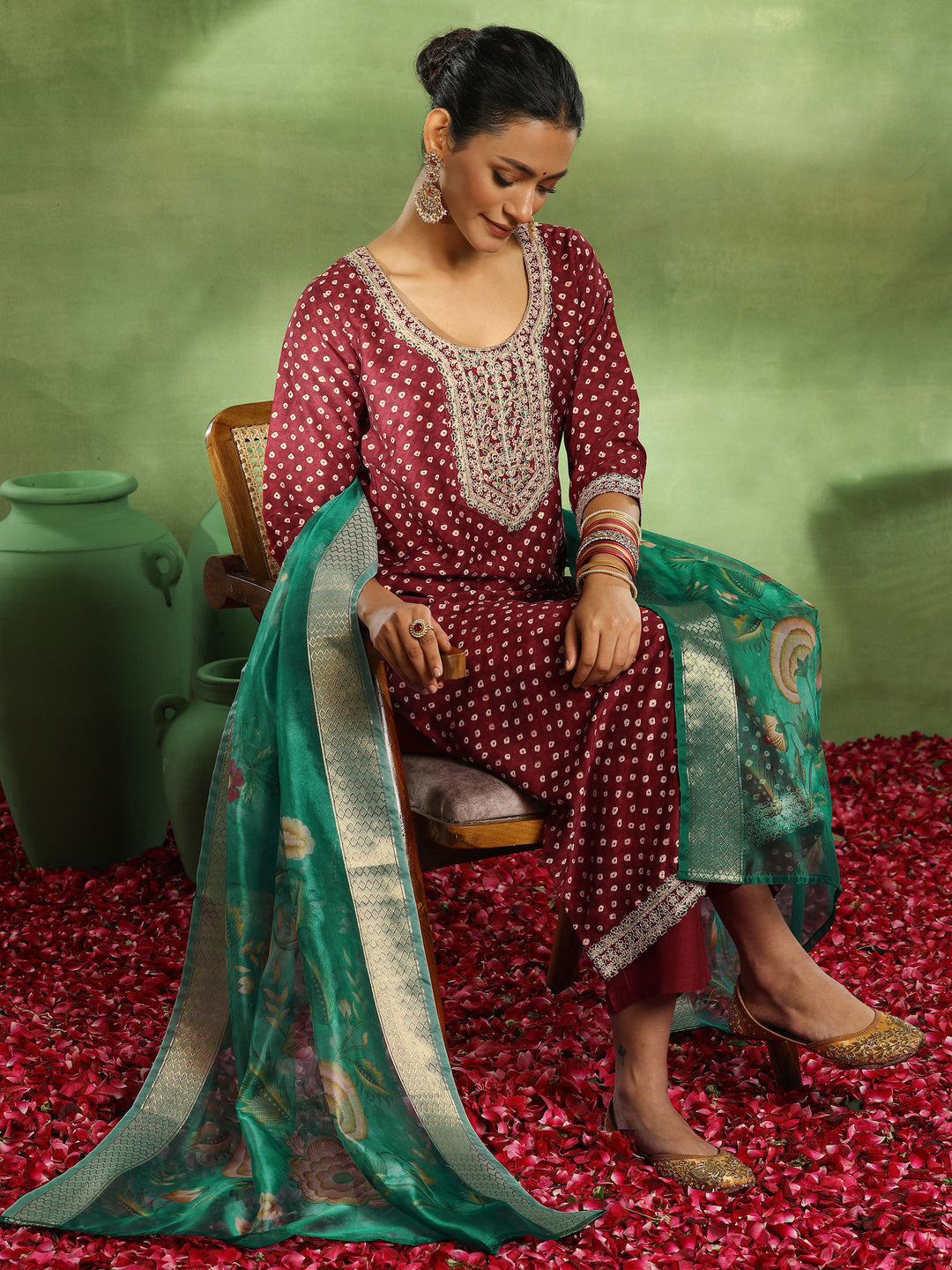  Maroon Printed Silk Blend Straight Suit With Dupatta 