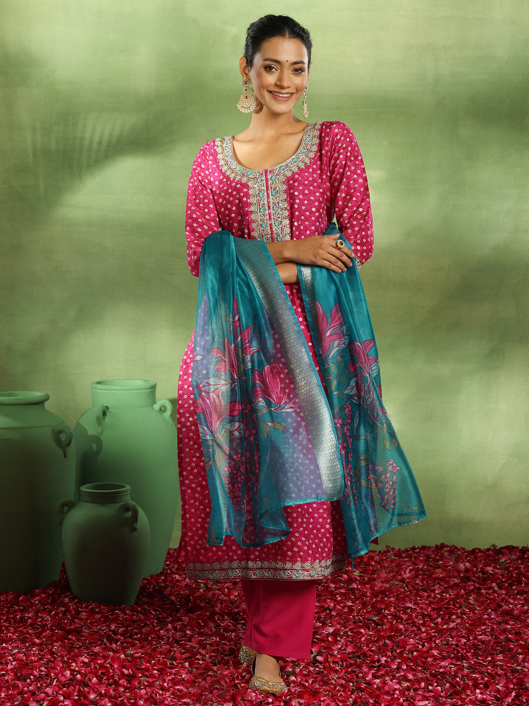  Pink Printed Silk Blend Straight Suit With Dupatta 