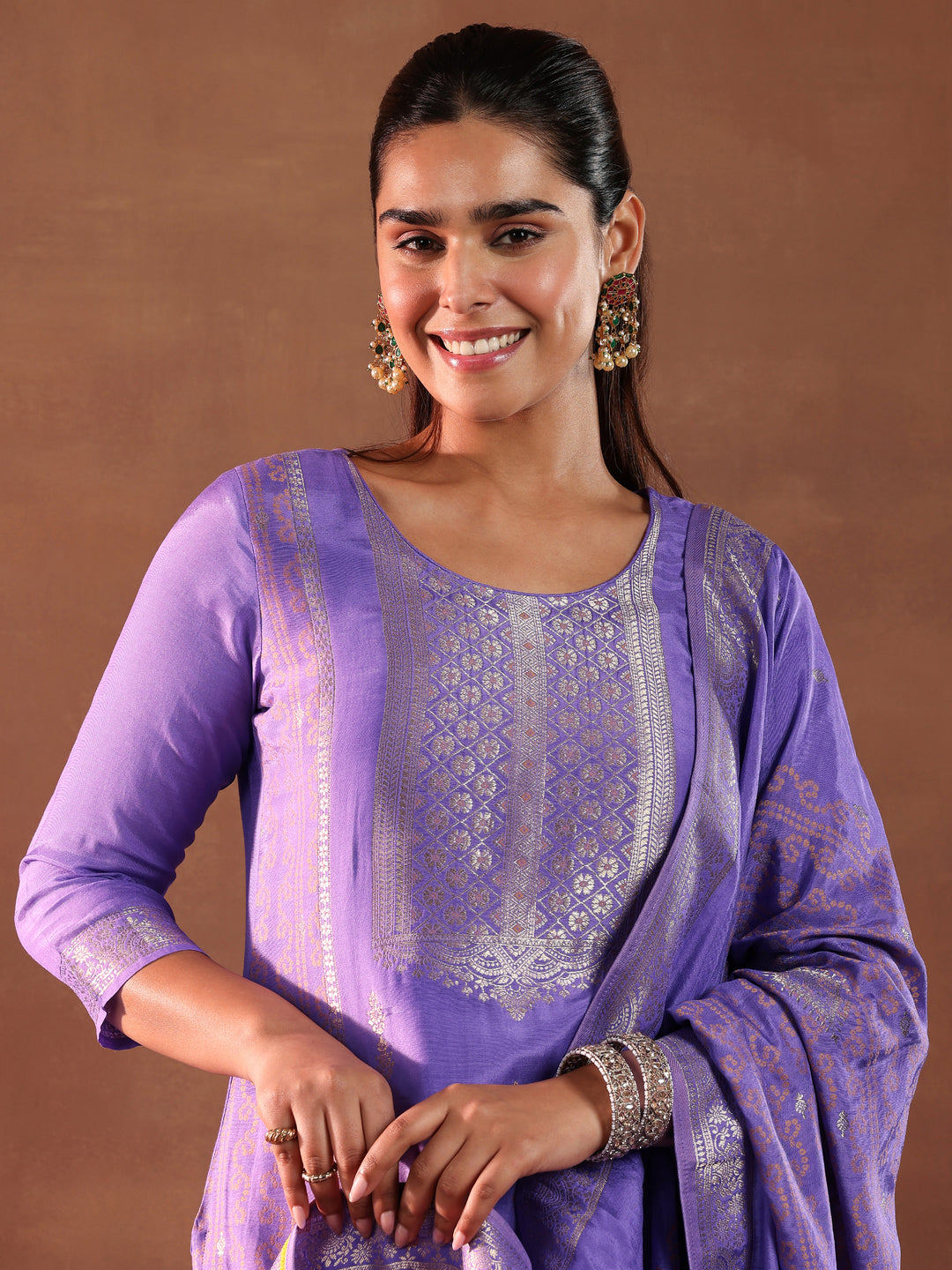  Lavender Woven Design Silk Blend Straight Suit With Dupatta 