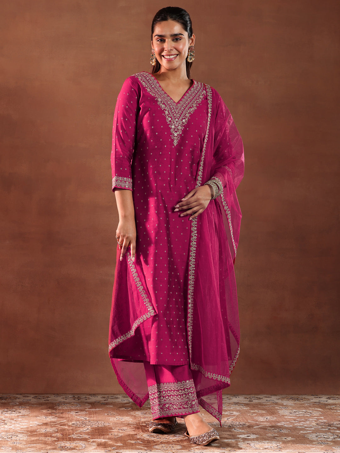 Magenta Woven Design Chanderi Silk A-Line Kurta With Trousers & Dupatta