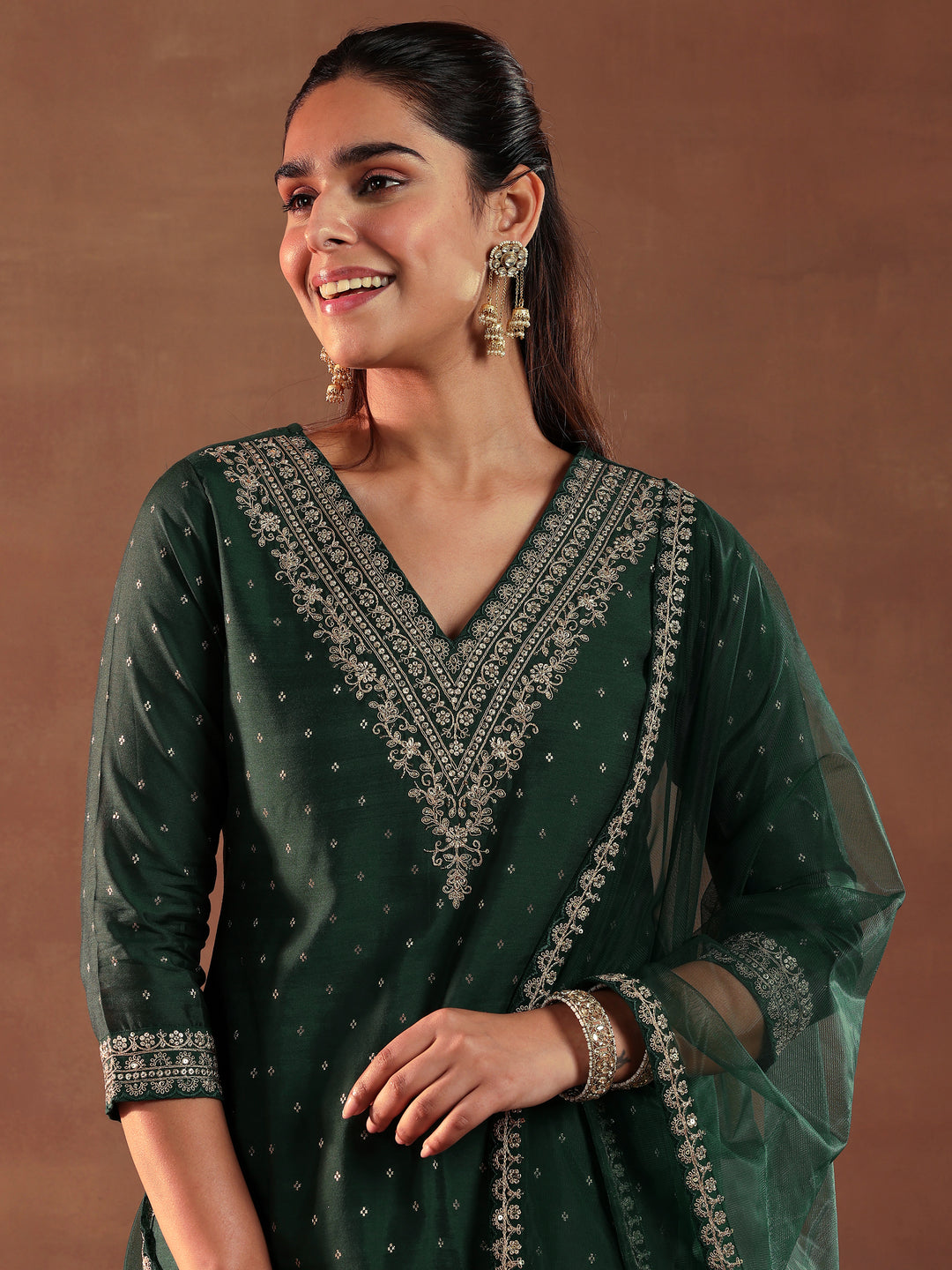 Green Woven Design Chanderi Silk A-Line Kurta With Trousers & Dupatta