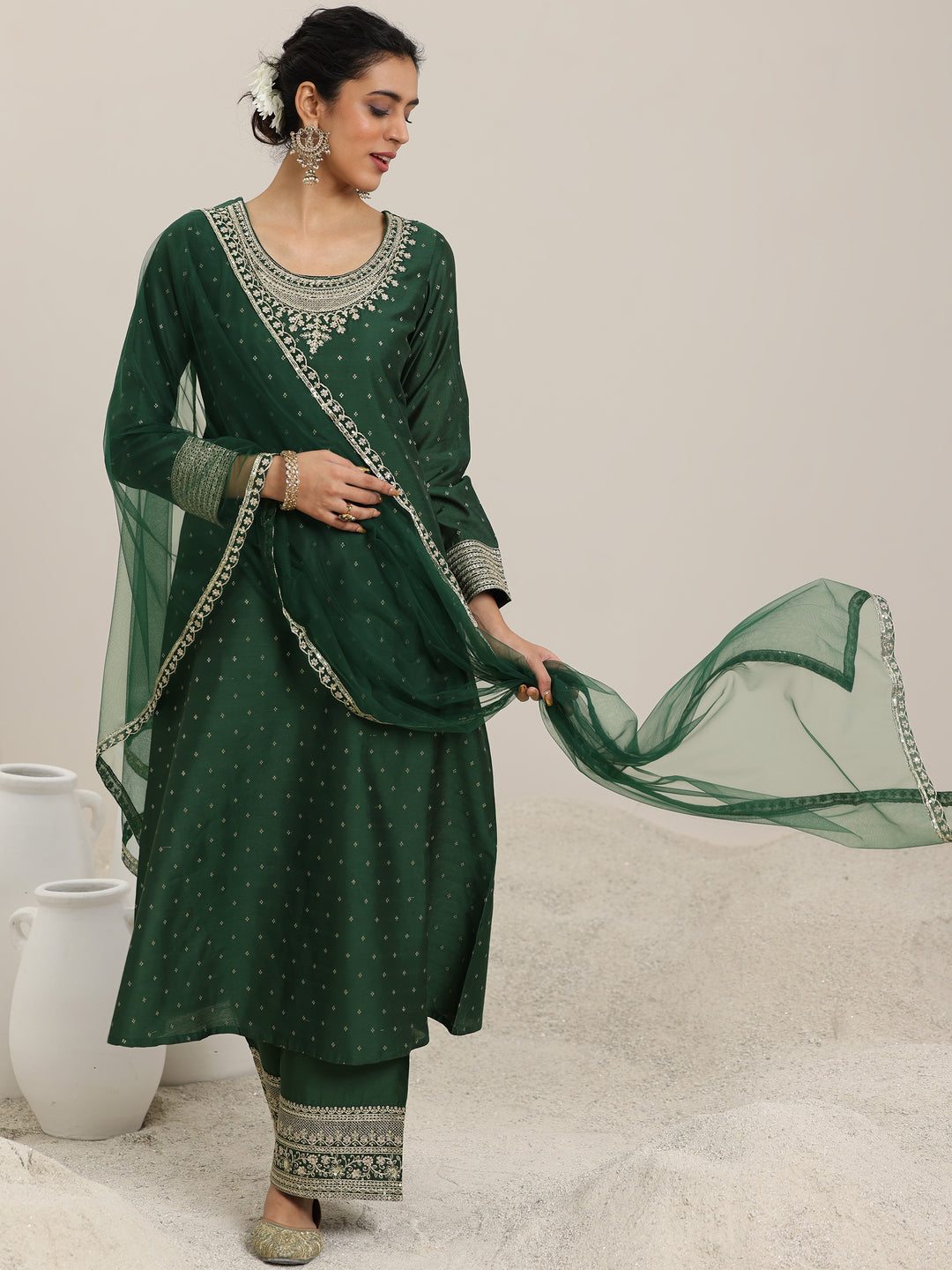  Green Woven Design Chanderi Silk A-Line Kurta With Palazzos & Dupatta 