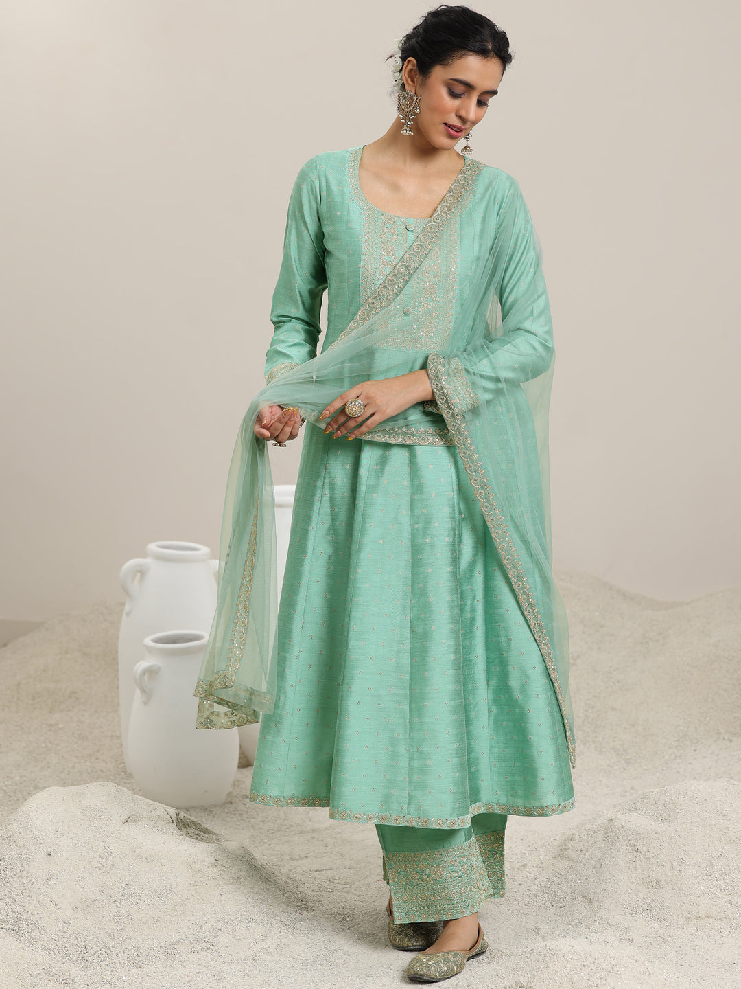 Sea Green Embroidered Chanderi Silk Anarkali Suit With Dupatta