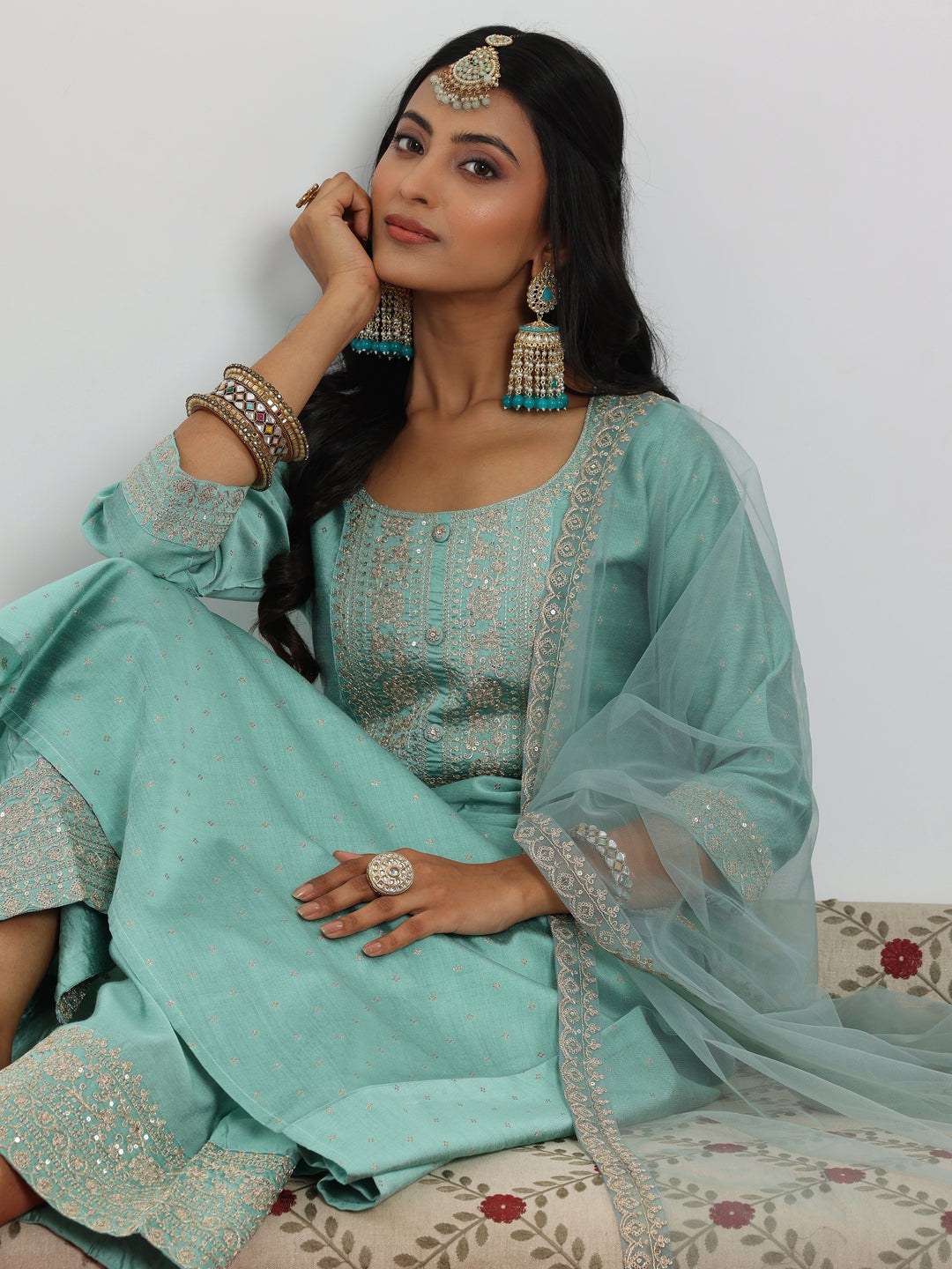  Sea Green Woven Design Chanderi Silk A-Line Kurta With Palazzos & Dupatta 