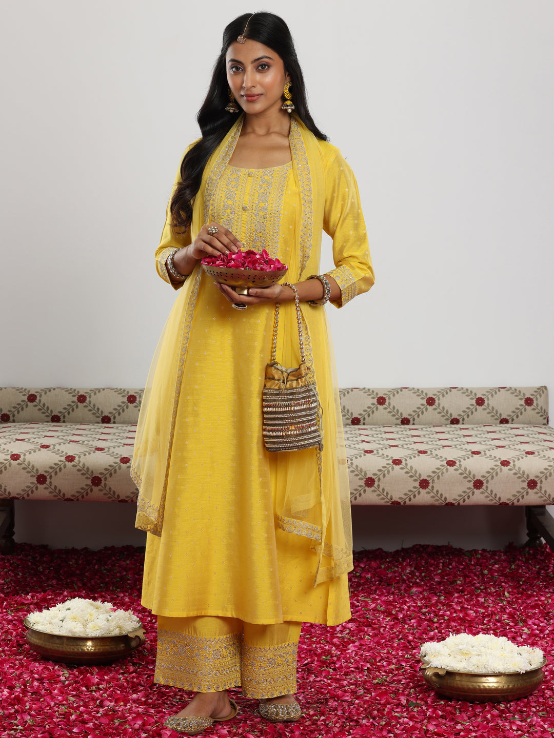  Yellow Woven Design Chanderi Silk A-Line Kurta With Trousers & Dupatta 