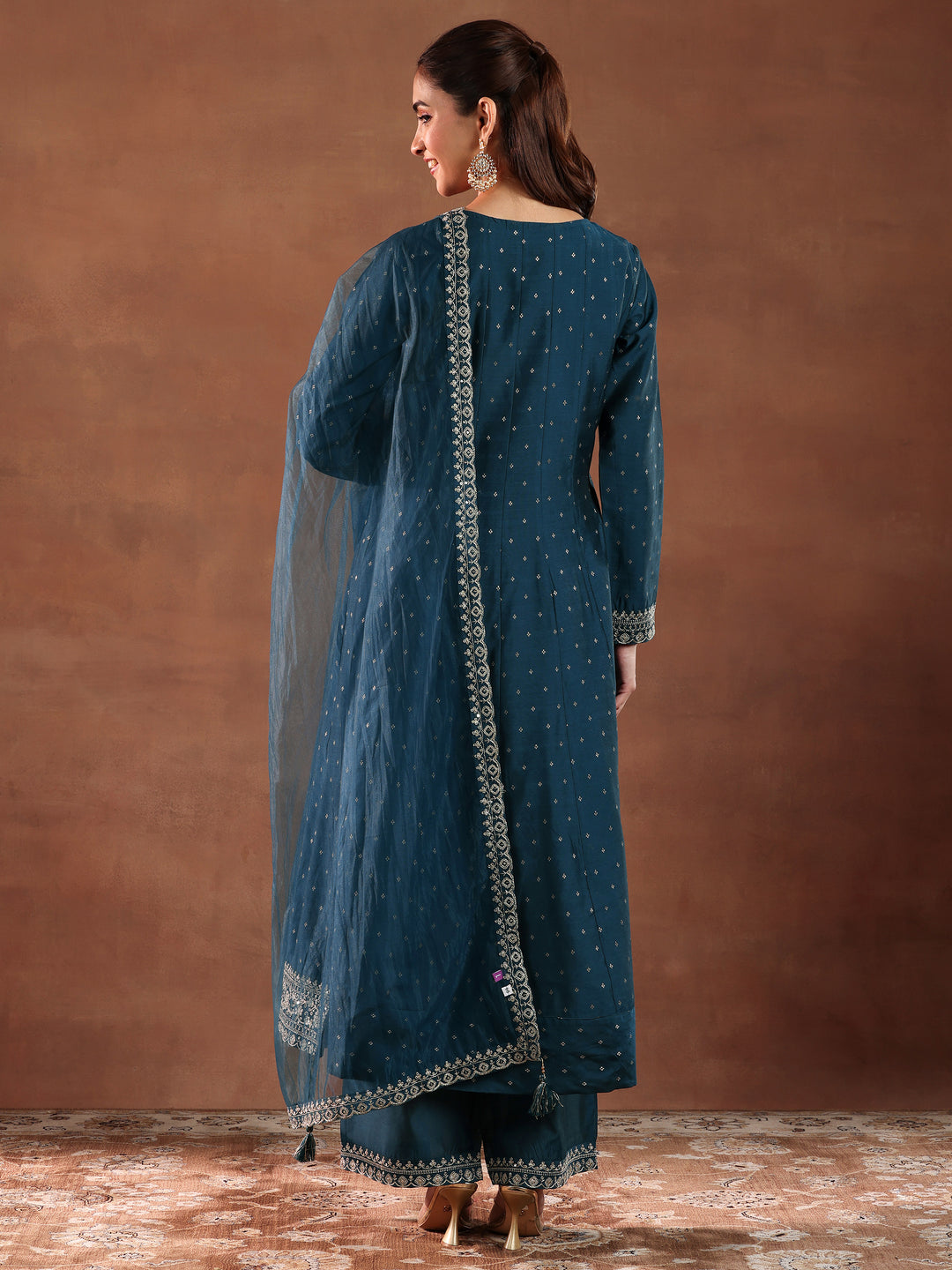  Teal Embroidered Chanderi Silk Anarkali Suit With Dupatta 