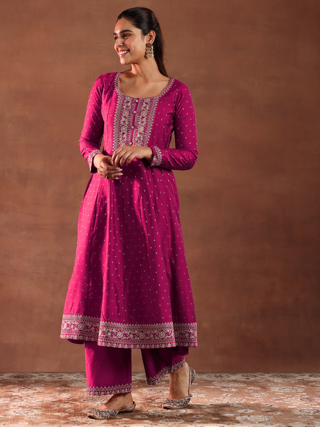  Magenta Embroidered Silk Blend Anarkali Suit With Dupatta 