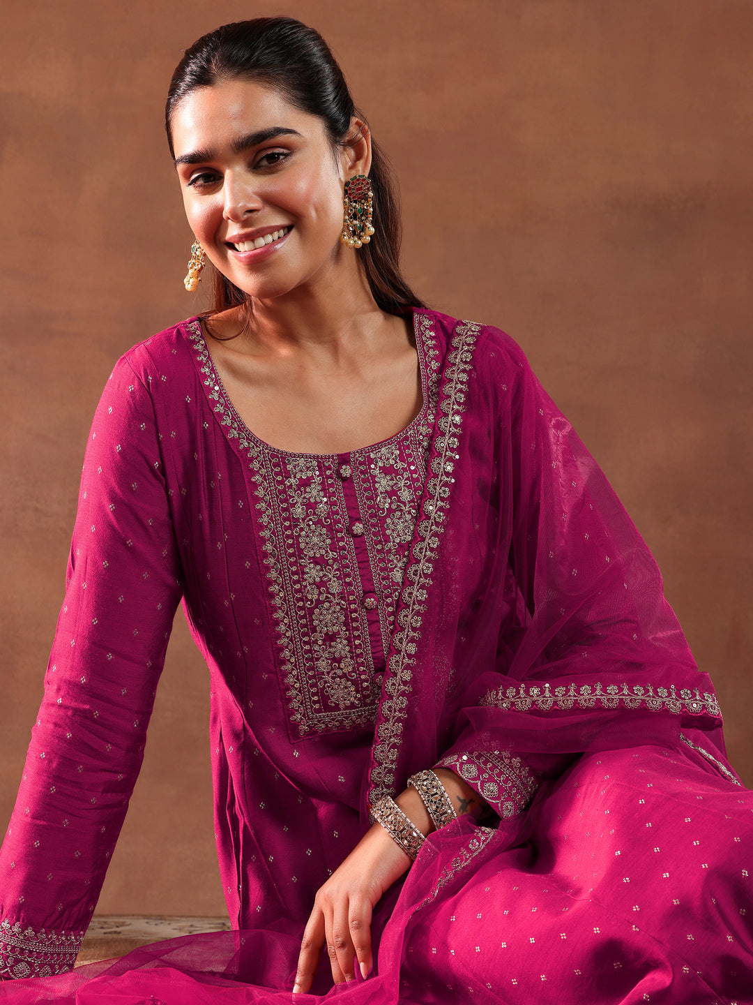 Magenta Embroidered Silk Blend Anarkali Suit With Dupatta