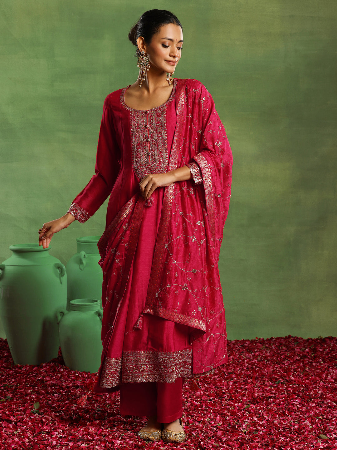  Pink Embroidered Chanderi Silk Anarkali Suit With Dupatta 