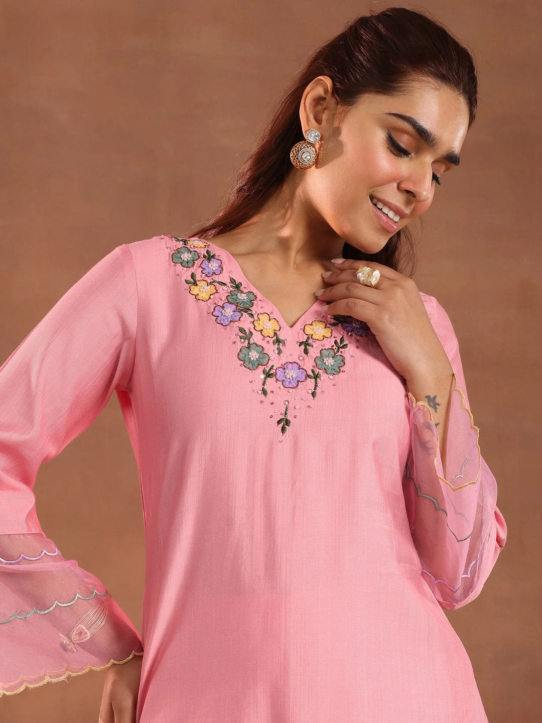  Pink Yoke Design Silk Blend Straight Kurta Set 