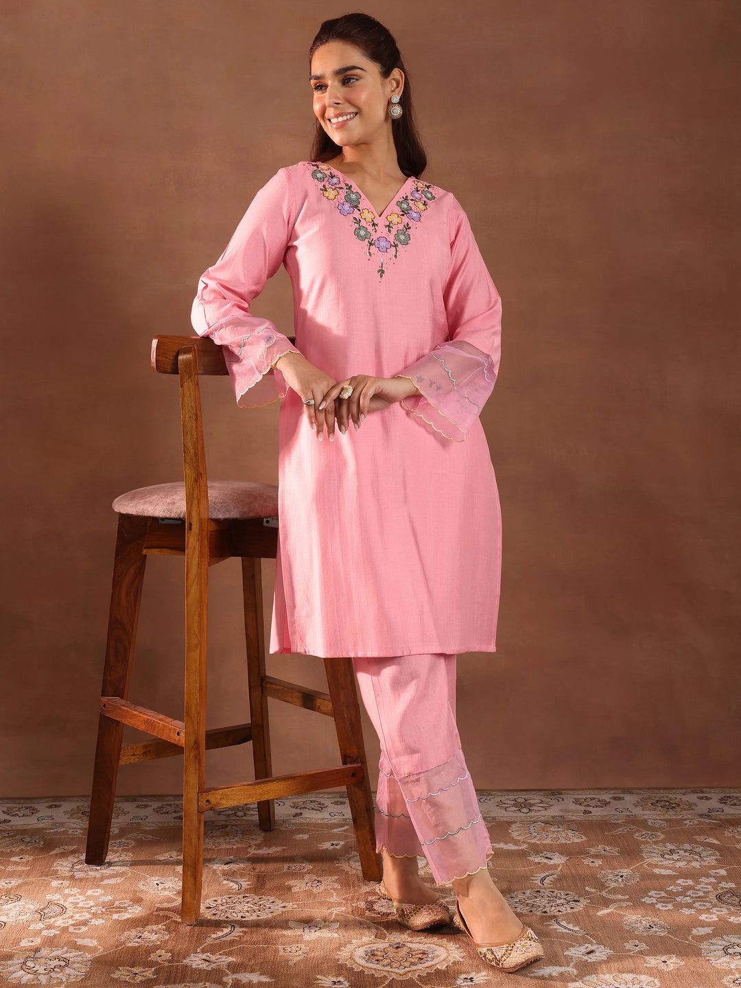  Pink Yoke Design Silk Blend Straight Kurta Set 