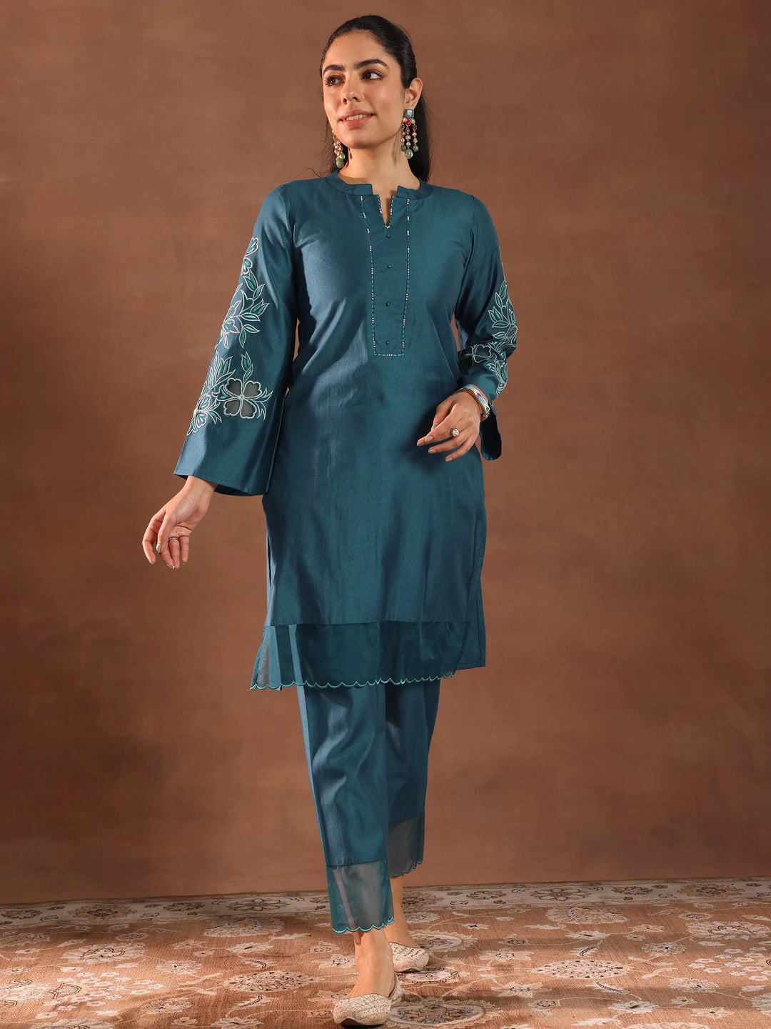  Teal Embroidered Silk Blend Straight Kurta Set 