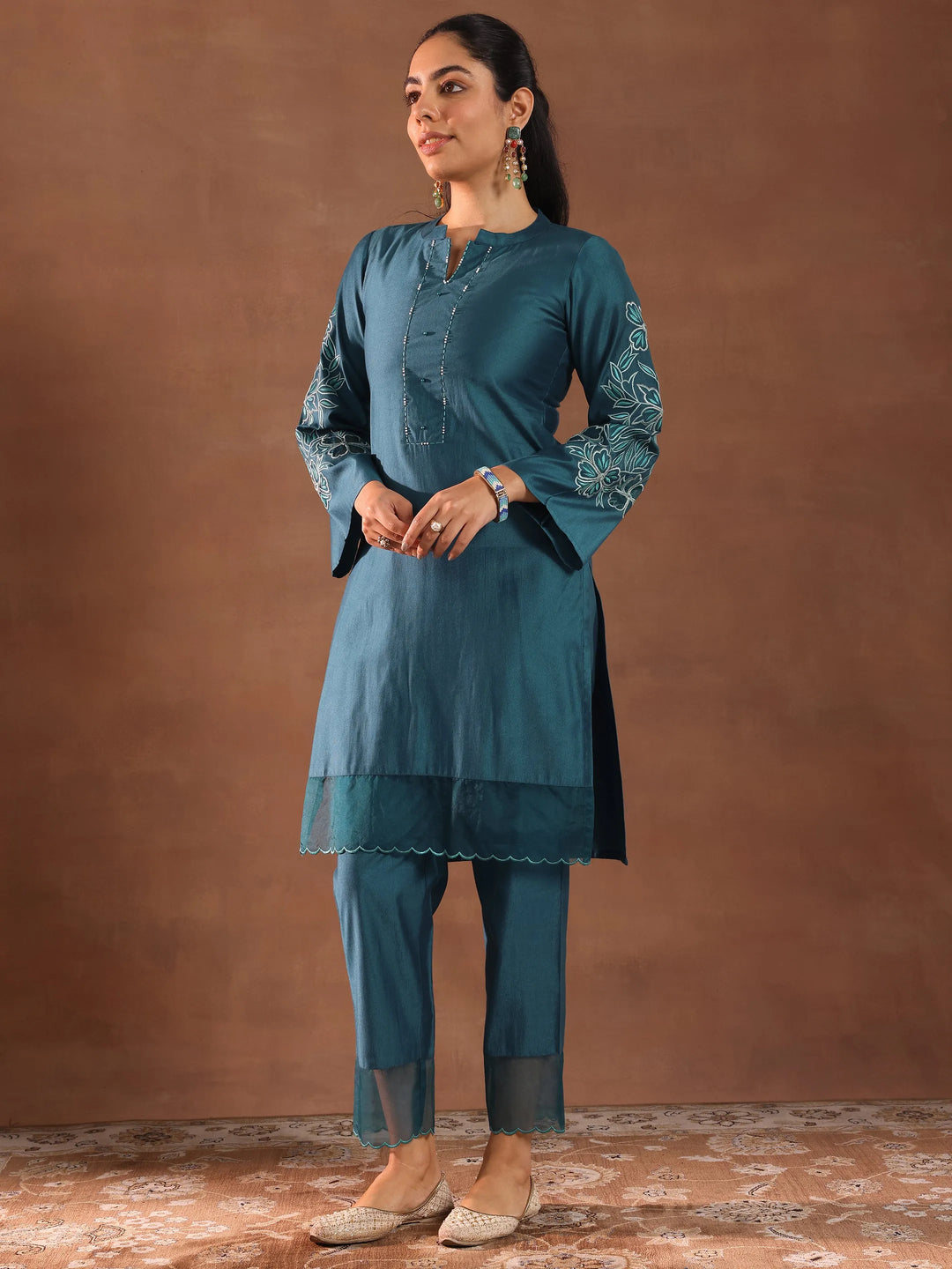  Teal Embroidered Silk Blend Straight Kurta Set 