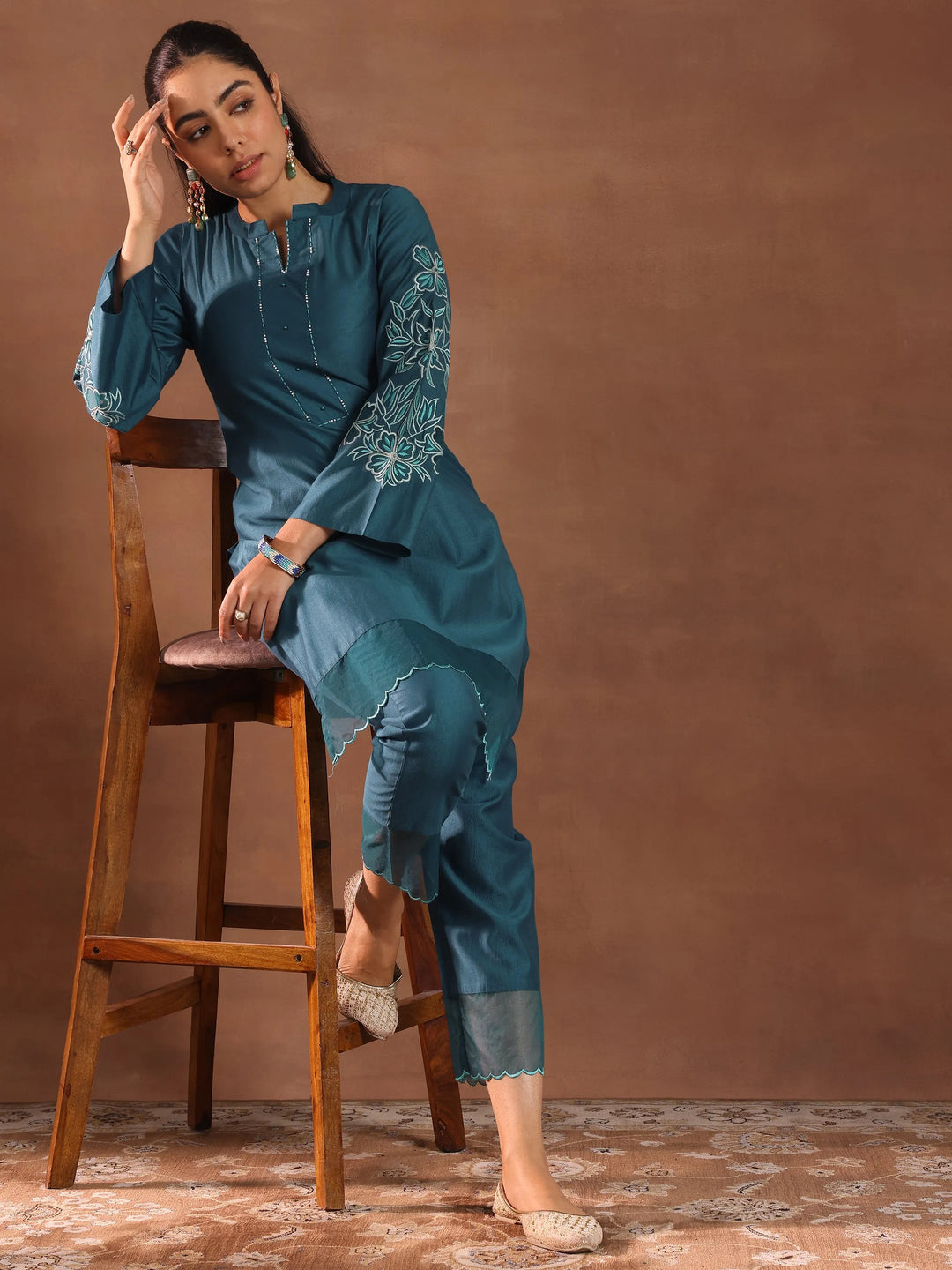 Blue Embroidered Silk Blend Straight Kurta Set