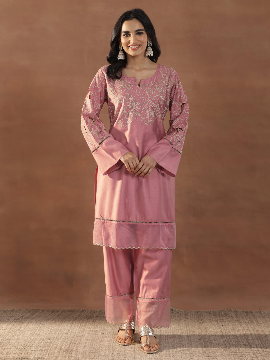  Peach Embroidered Silk Blend Straight Kurta Set 