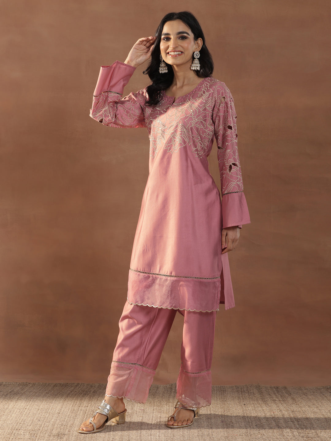  Peach Embroidered Silk Blend Straight Kurta Set 