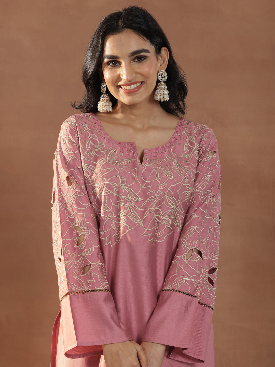  Peach Embroidered Silk Blend Straight Kurta Set 