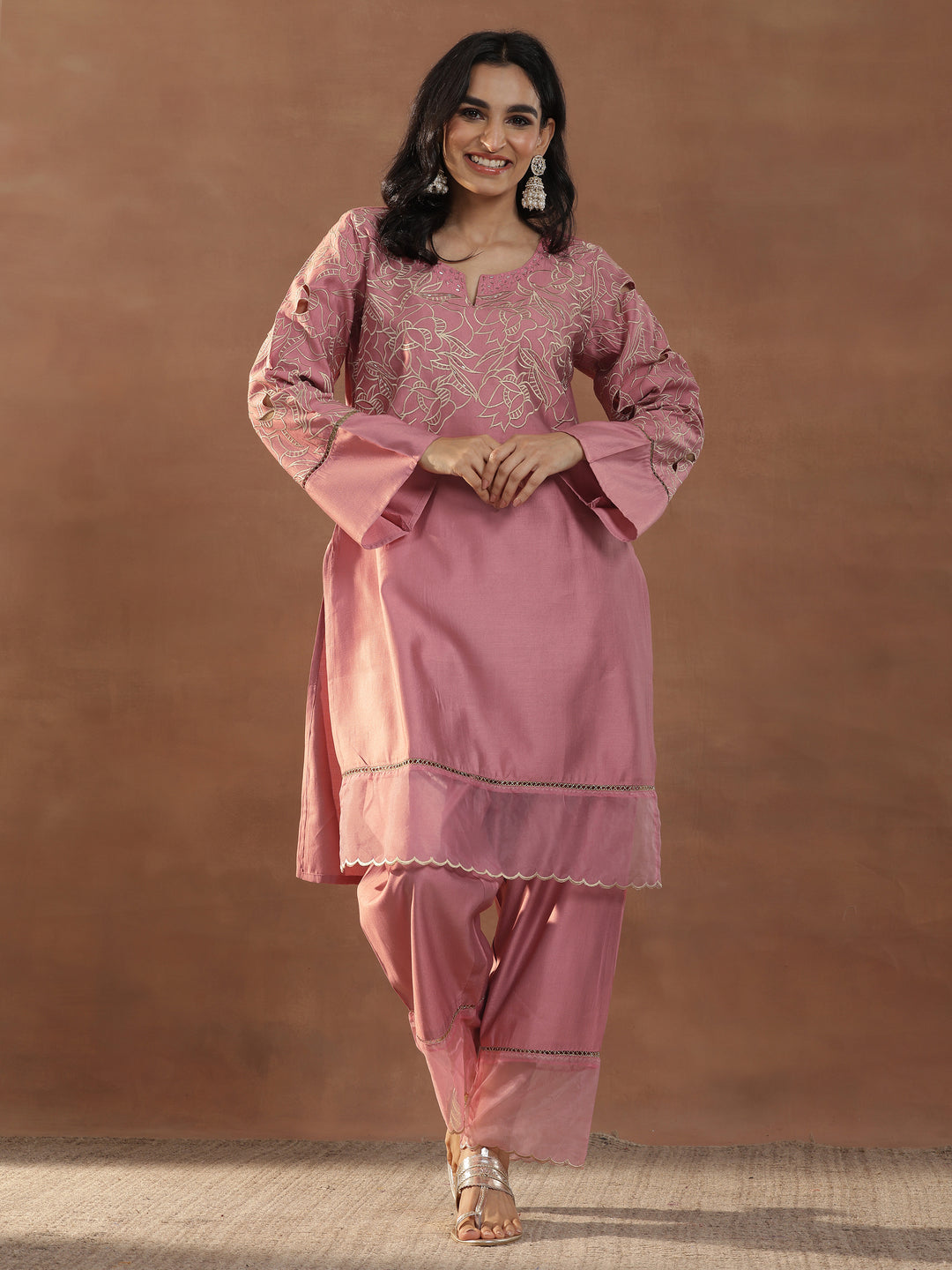  Peach Embroidered Silk Blend Straight Kurta Set 