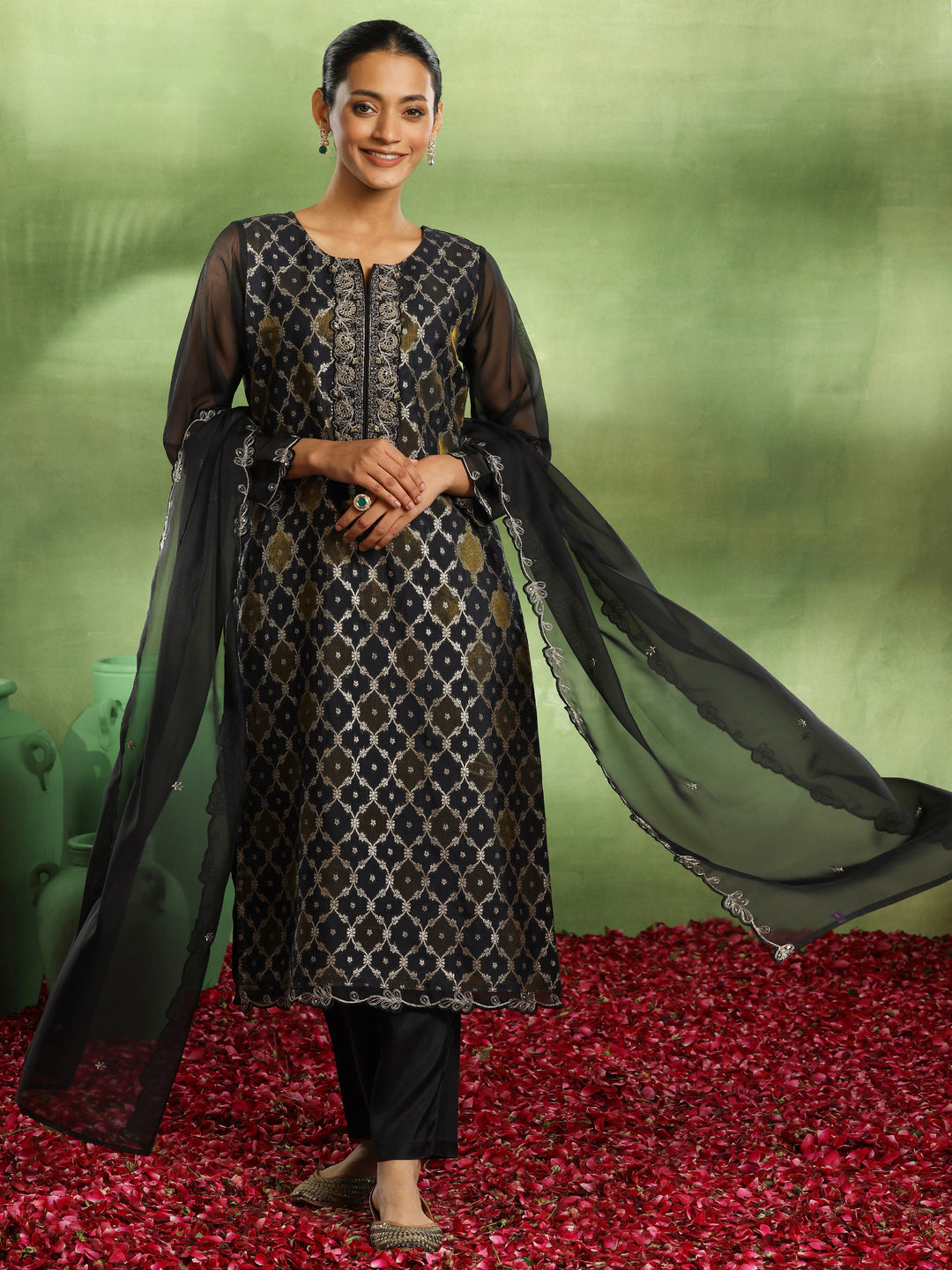  Black Woven Design Organza Straight Suit With Dupatta 