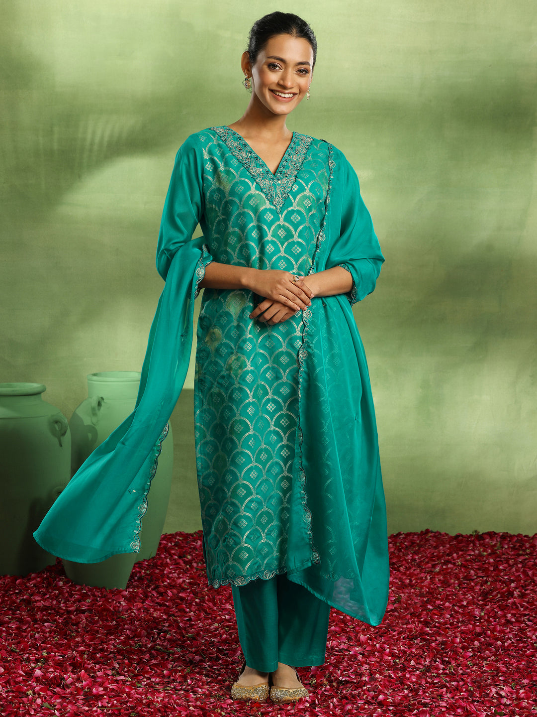  Green Woven Design Organza Straight Suit With Dupatta 