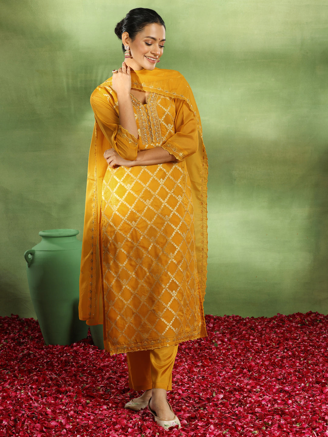  Yellow Woven Design Organza Straight Suit With Dupatta 