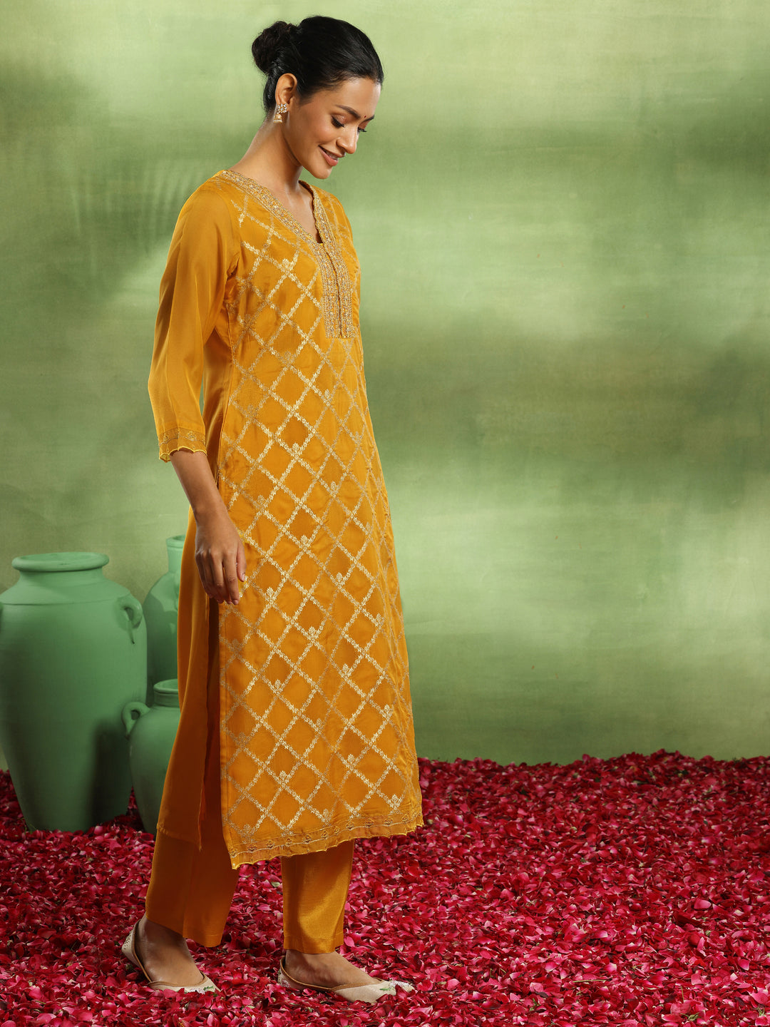  Yellow Woven Design Organza Straight Suit With Dupatta 