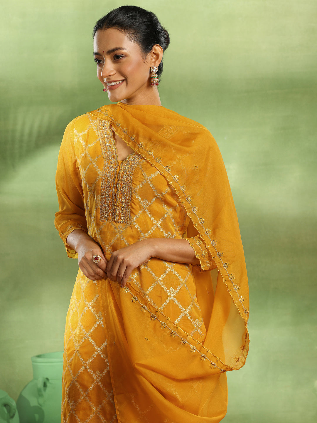  Yellow Woven Design Organza Straight Suit With Dupatta 