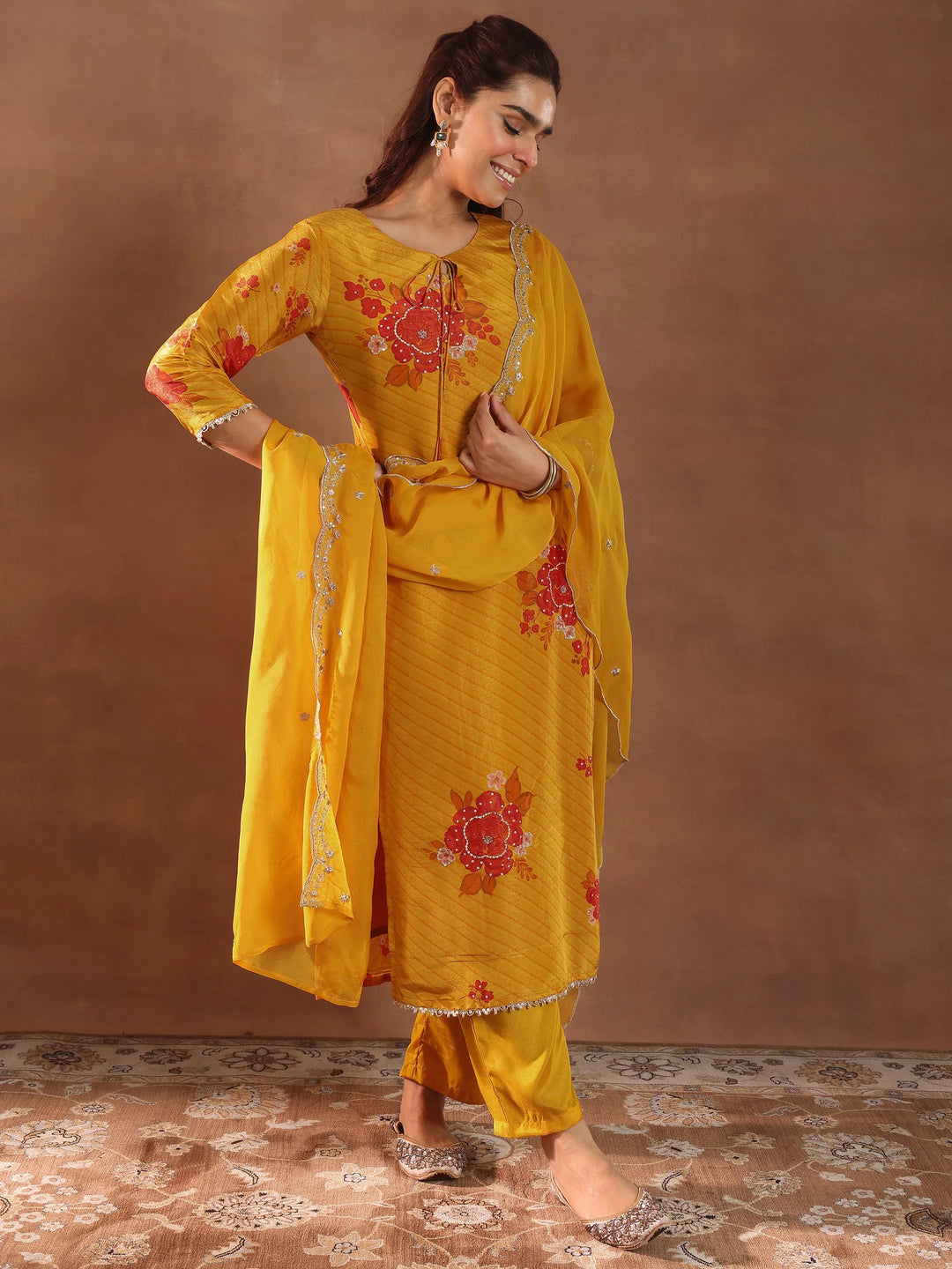  Mustard Printed Silk Blend Straight Suit With Dupatta 