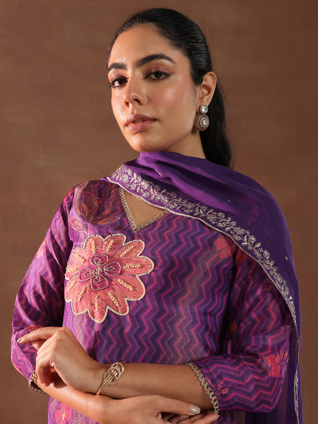  Purple Printed Silk Blend Straight Suit With Dupatta 